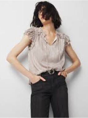 White House Black Market Silver Metallic Plissé Ruffle Sleeve Blouse Large